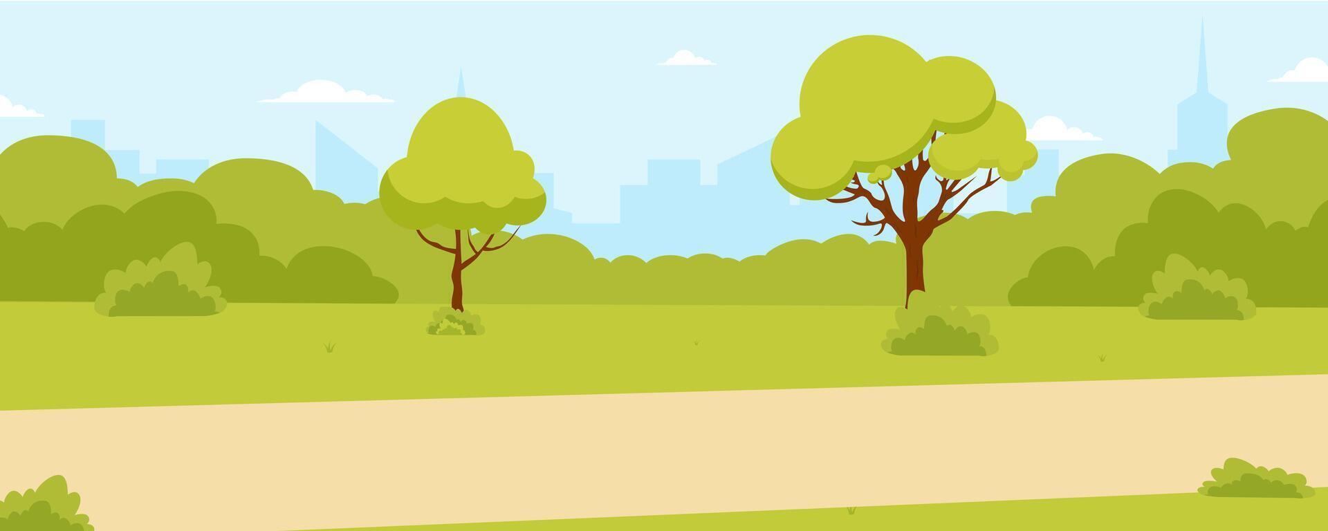 Bright and green park landscape with trees and a clear blue sky during daytime vector