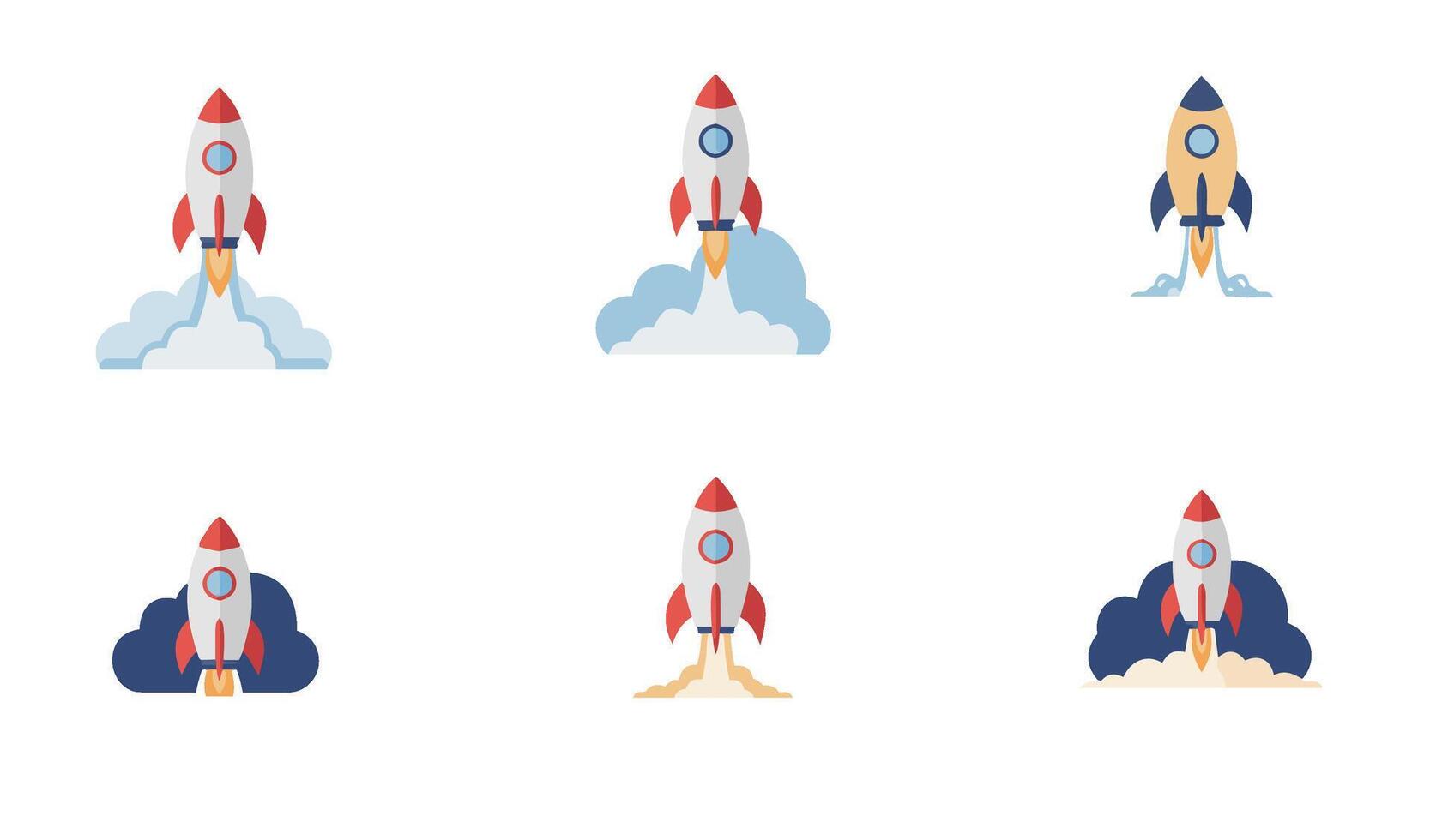 Bold colorful rocketship graphics designed for Rocket Startup Logo Set branding innovations vector