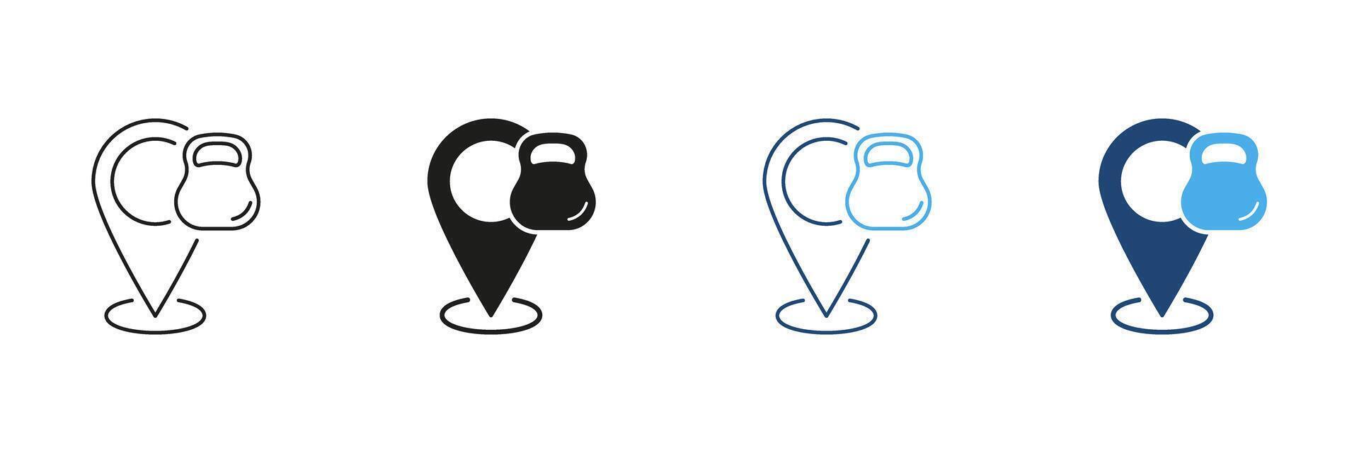 Map Pin with Kettlebell Line and Silhouette Icon Set. Fitness Center Location or Gym for Exercise and Training Outline and Solid Symbol. Isolated Illustration vector
