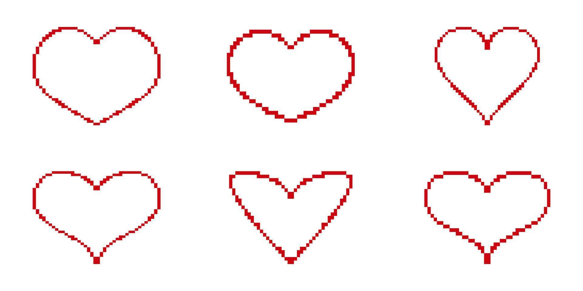 Heart Shaped Pixelated Icon Set. Pixel Art Symbol Collection Of Heart Shapes And Designs. Isolated Illustration vector