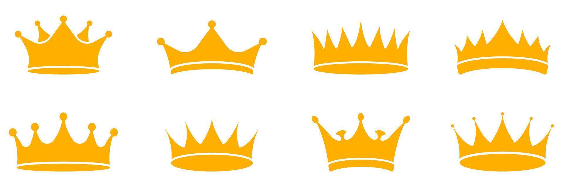 Golden Crown Solid Icon Set. Luxurious Royal Crowns Representing Monarchy, Wealth, and Power. King and Queen Headpiece Silhouette Symbol Collection. Isolated Illustration vector