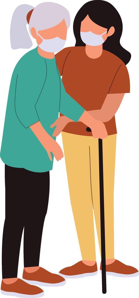 Volunteer Character Helping Elderly in Flat Shape. vector