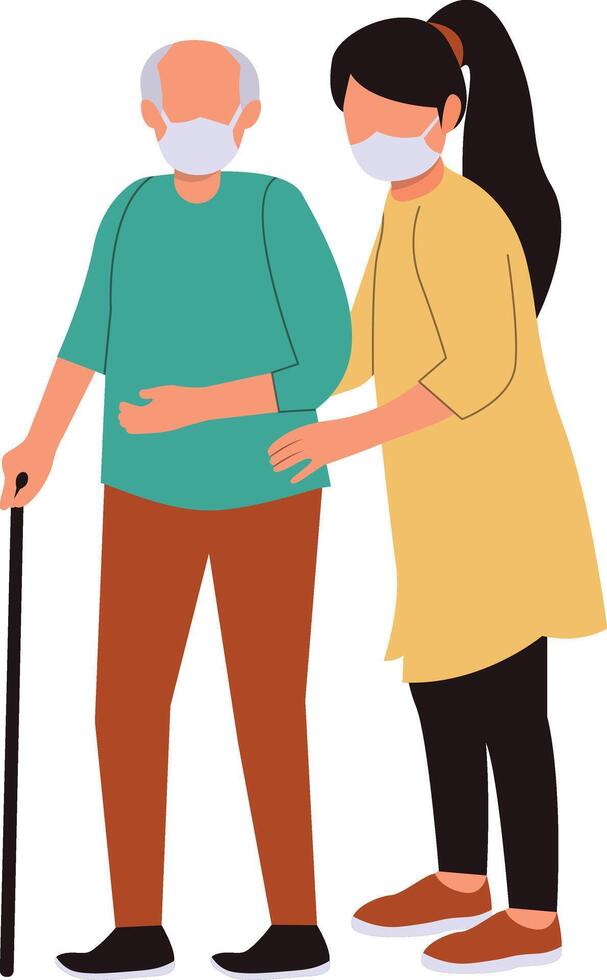 Volunteer Character Helping Elderly with Flat Shape. vector
