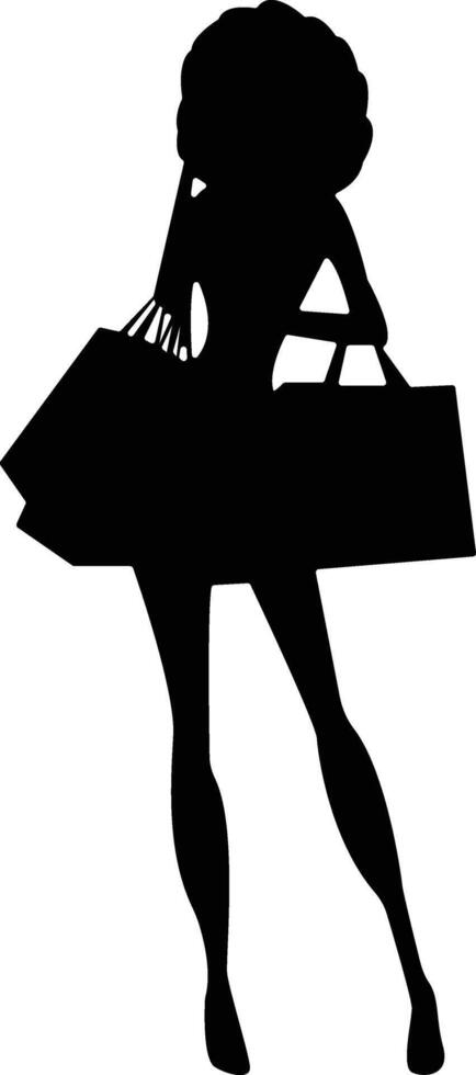 Shopping Girl Black Silhouette on White Background. vector