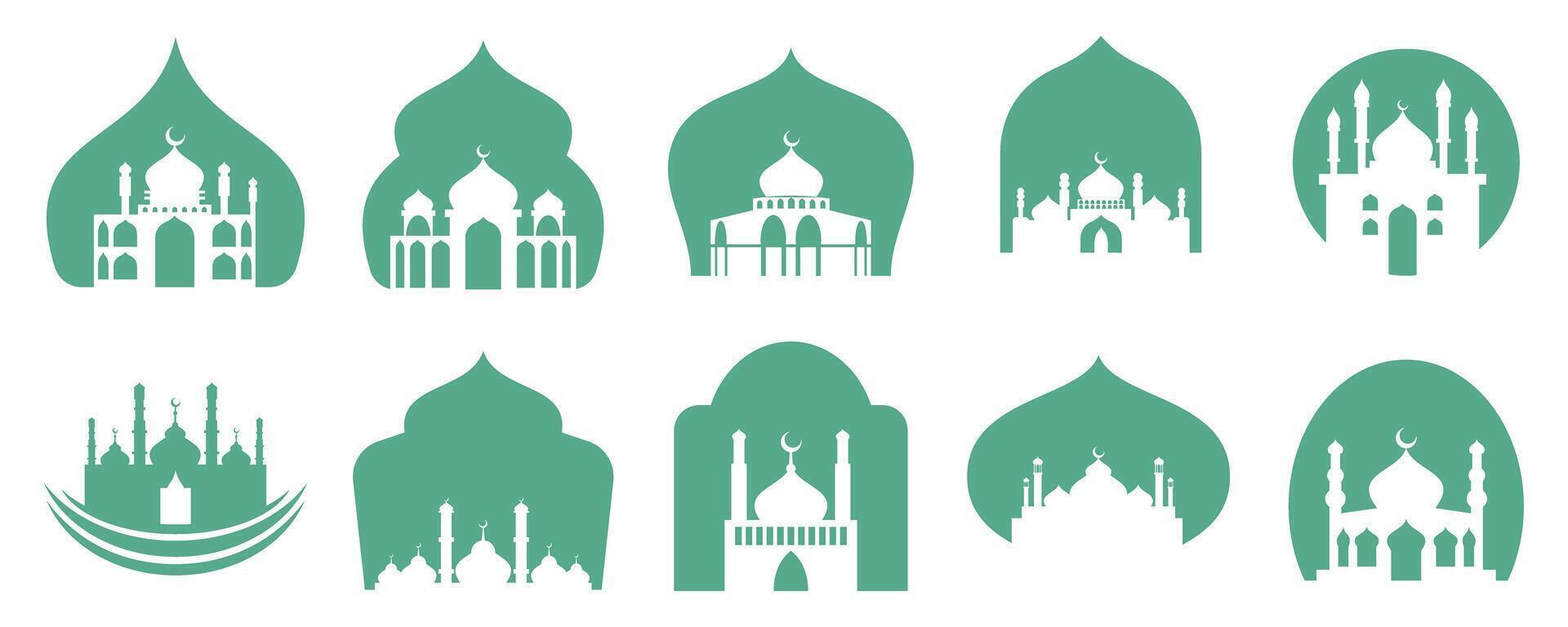 Green Islamic Mosque Silhouette Icon On White Background Set vector