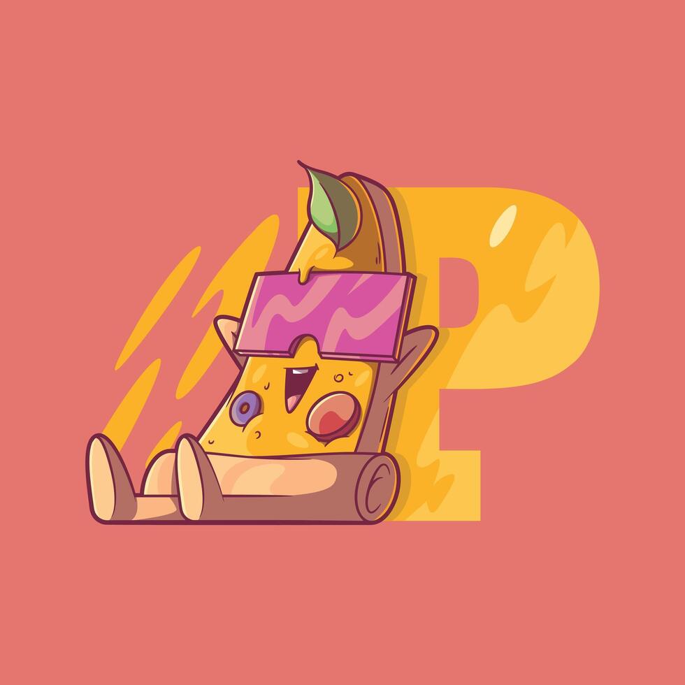 Cool Pizza Character Leaned on the Letter P. vector