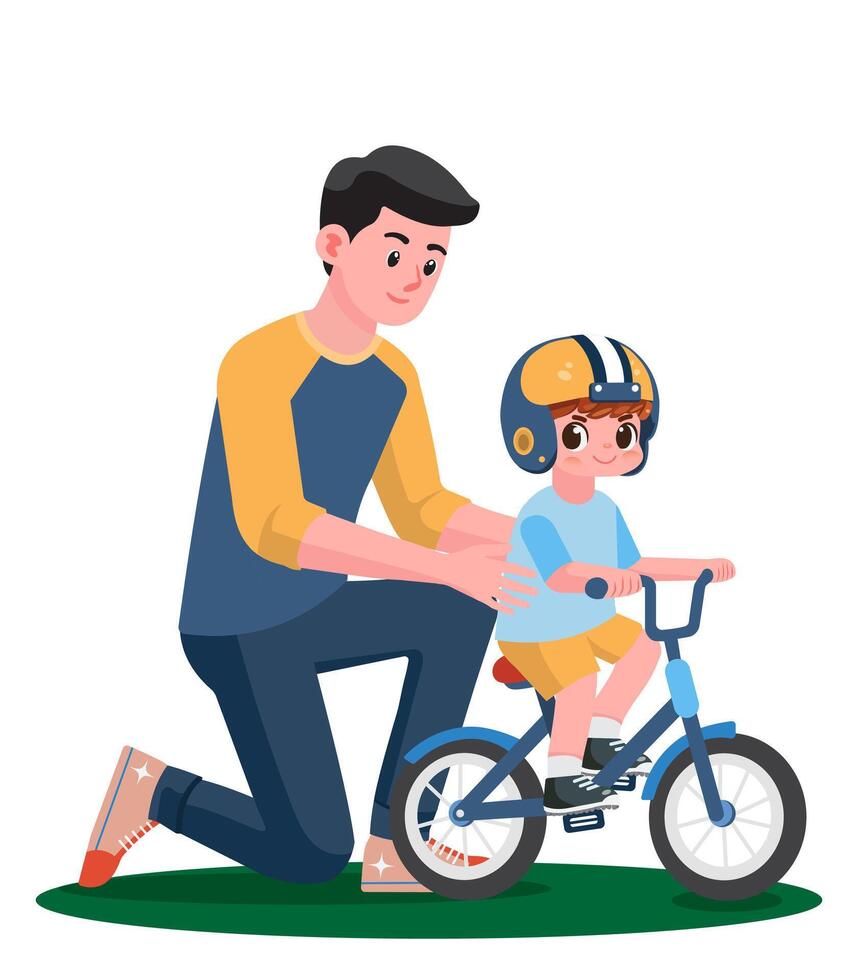 Father's Day concept with a cartoon illustration of a father helping his young son learn to ride a balance bike. vector