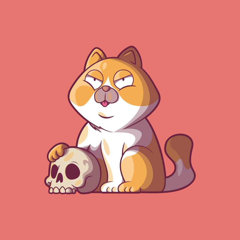 A Cute cat character with his paw over a skull. vector