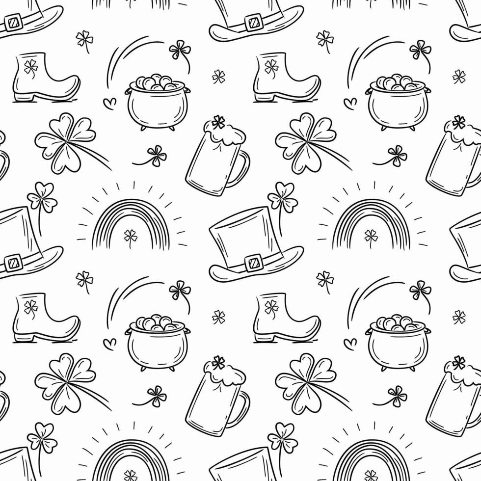 Seamless pattern with hand drawn traditional symbols of St Patrick's Day, including hats, beer mug, leprechaun, pot with golden coins, rainbow. Irish culture, festive joy. Symbols for St Patrick's Day vector