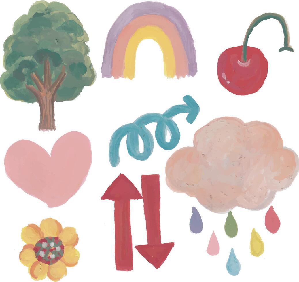 A collection of cute and colorful watercolor illustrations including a tree, rainbow, and heart vector