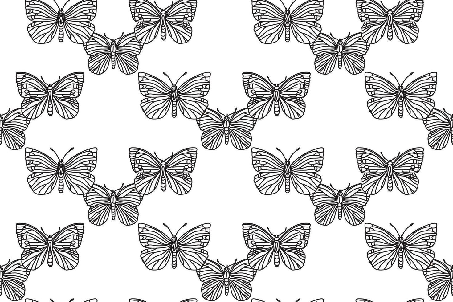 Line art botanical butterflies seamless pattern illustration. Outline repeating doodle butterfly in white background. Graphic design for Fashion Cover Textile Coloring Page Card Print Birthday vector
