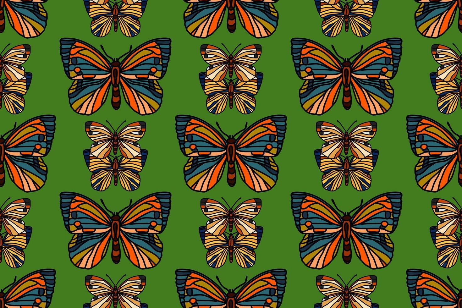 Botanical butterflies seamless pattern illustration. Repeating hand drawn colorful butterfly in green background. Graphic design for Fashion Cover Textile Wedding Birthday Greeting Card Print vector