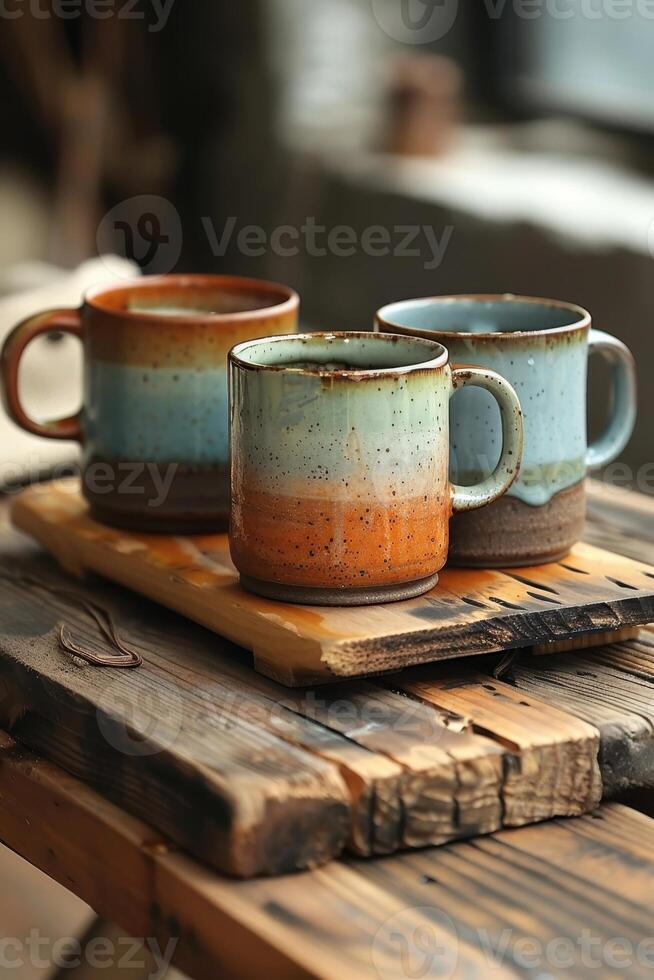 Three Rustic Ceramic Mugs on a Wooden Table photo