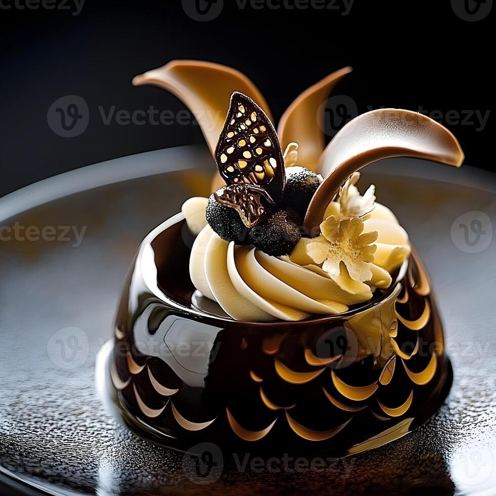 Chocolate cake with cream and chocolate butterfly on a dark background. Selective focus. photo