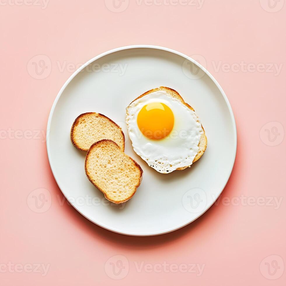 breakfast with egg and toast. fried egg on toast on a plate. Top view. flat lay, selective focus. photo