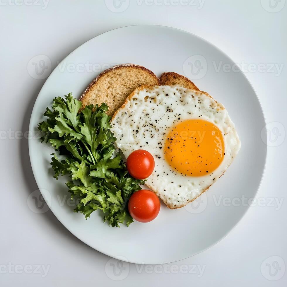 fried egg with tomato and salad and toast. Top view. flat lay, selective focus. photo