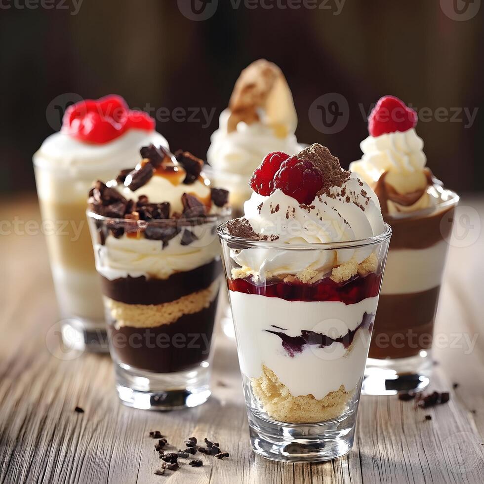 Classic tiramisu dessert with berries in glass on wooden table. Close up. Selective focus. layered desserts photo
