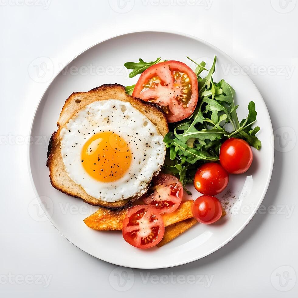 fried eggs with bacon and vegetables. Breakfast with fried egg, toast, tomato, and rocket salad. photo