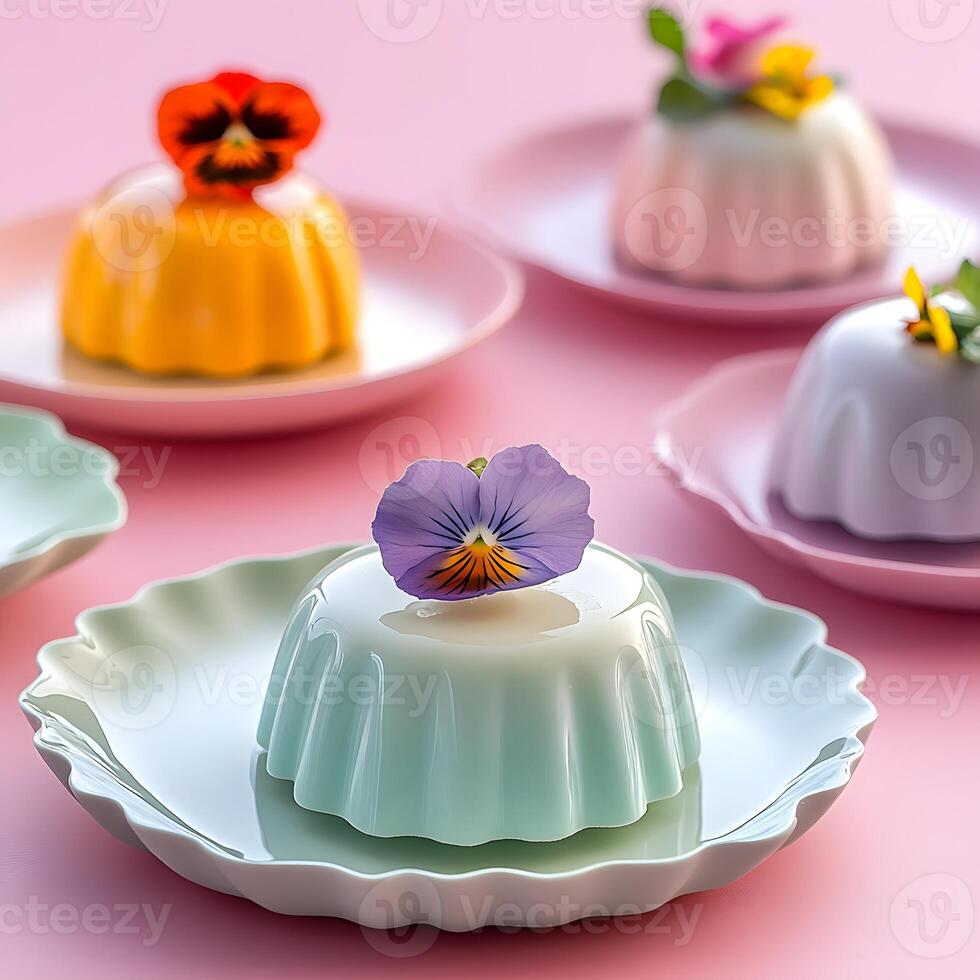 Panna cotta with pansy flower on a pink background. edible flowers. Viola flower. 3D Printed Desserts. Smooth Textures and Glossy Finish. Colorful Desserts, Bright Accents. Selective focus. photo