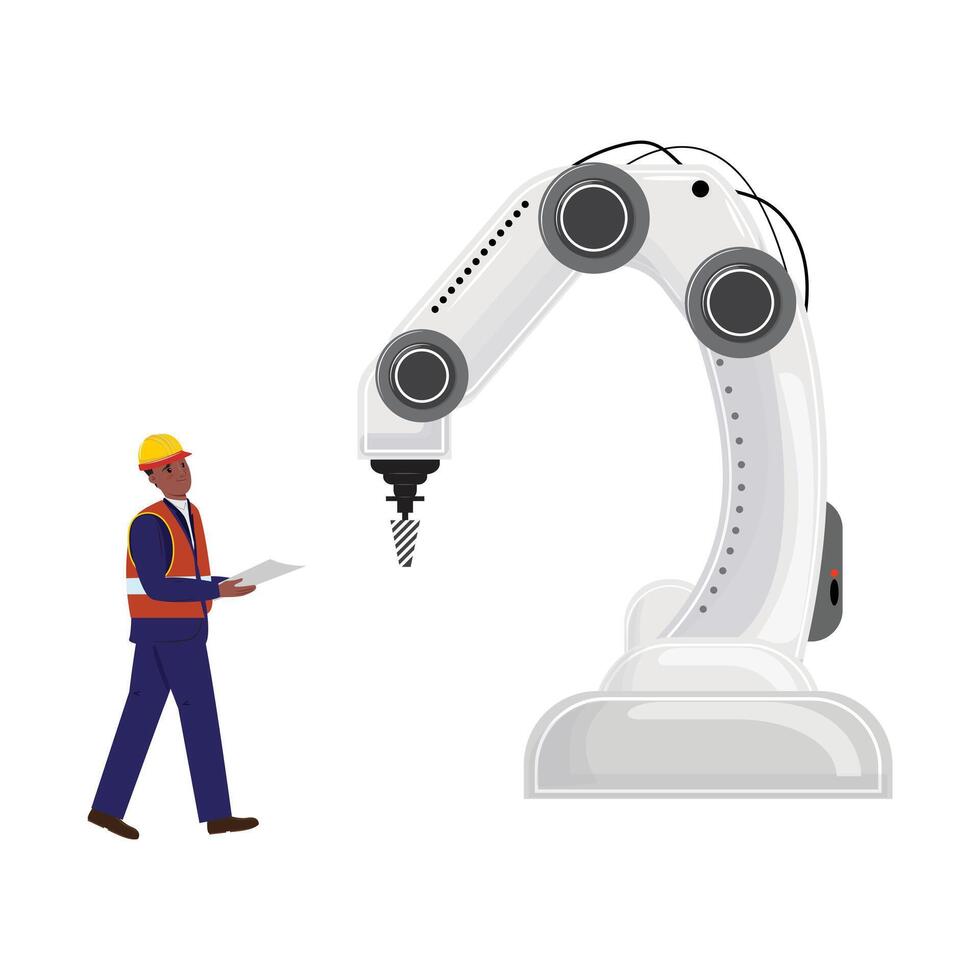 Manufacturing technician reviewing robotic equipment, representing industry 4.0 and smart factory concept vector