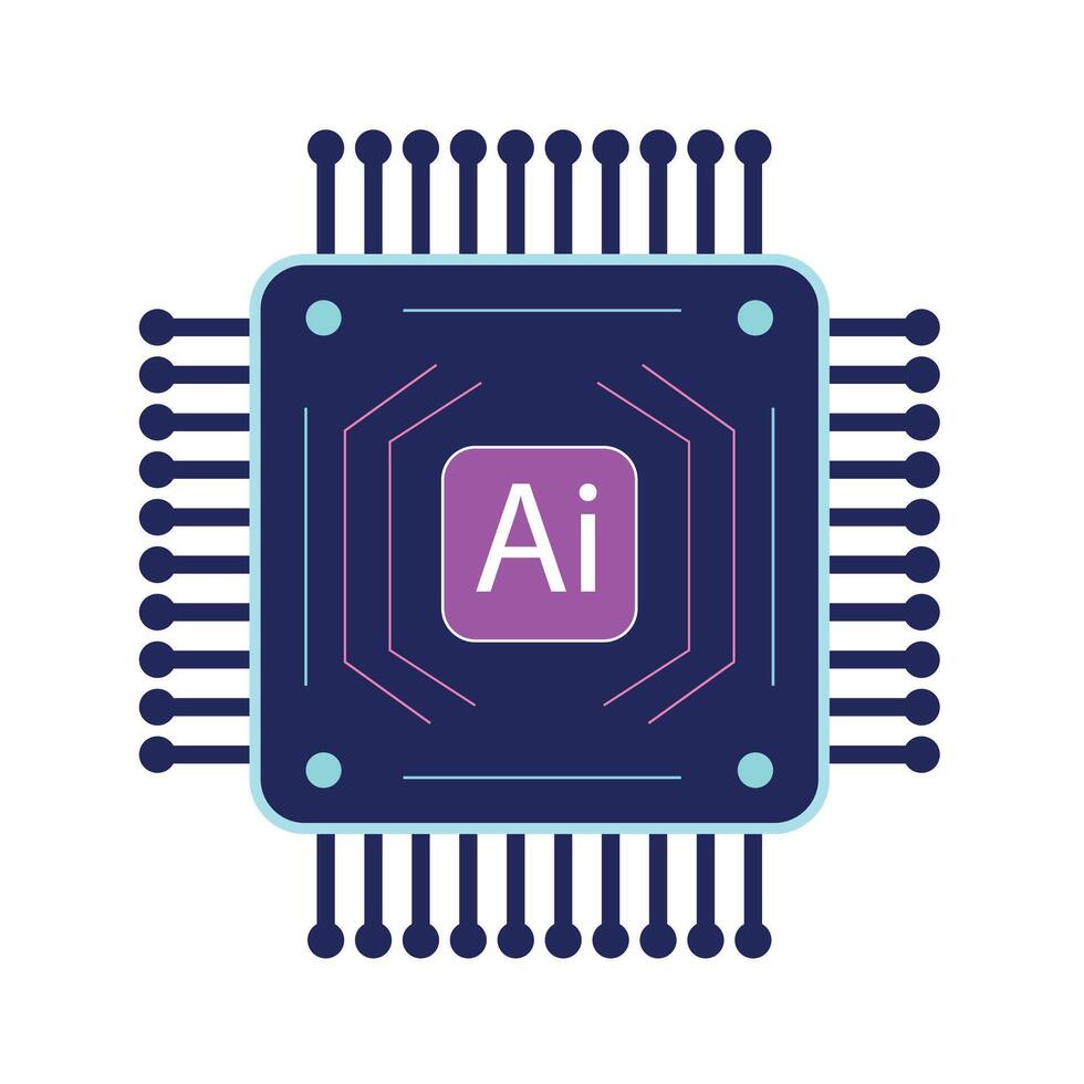 Microprocessor with AI label and pins, perfect for artificial intelligence and computing designs vector