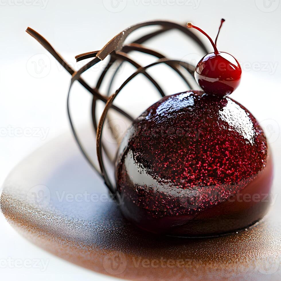 chocolate cake with berries. Selective focus. served in Michelin luxury restaurant. Smooth Textures and Glossy Finish. photo
