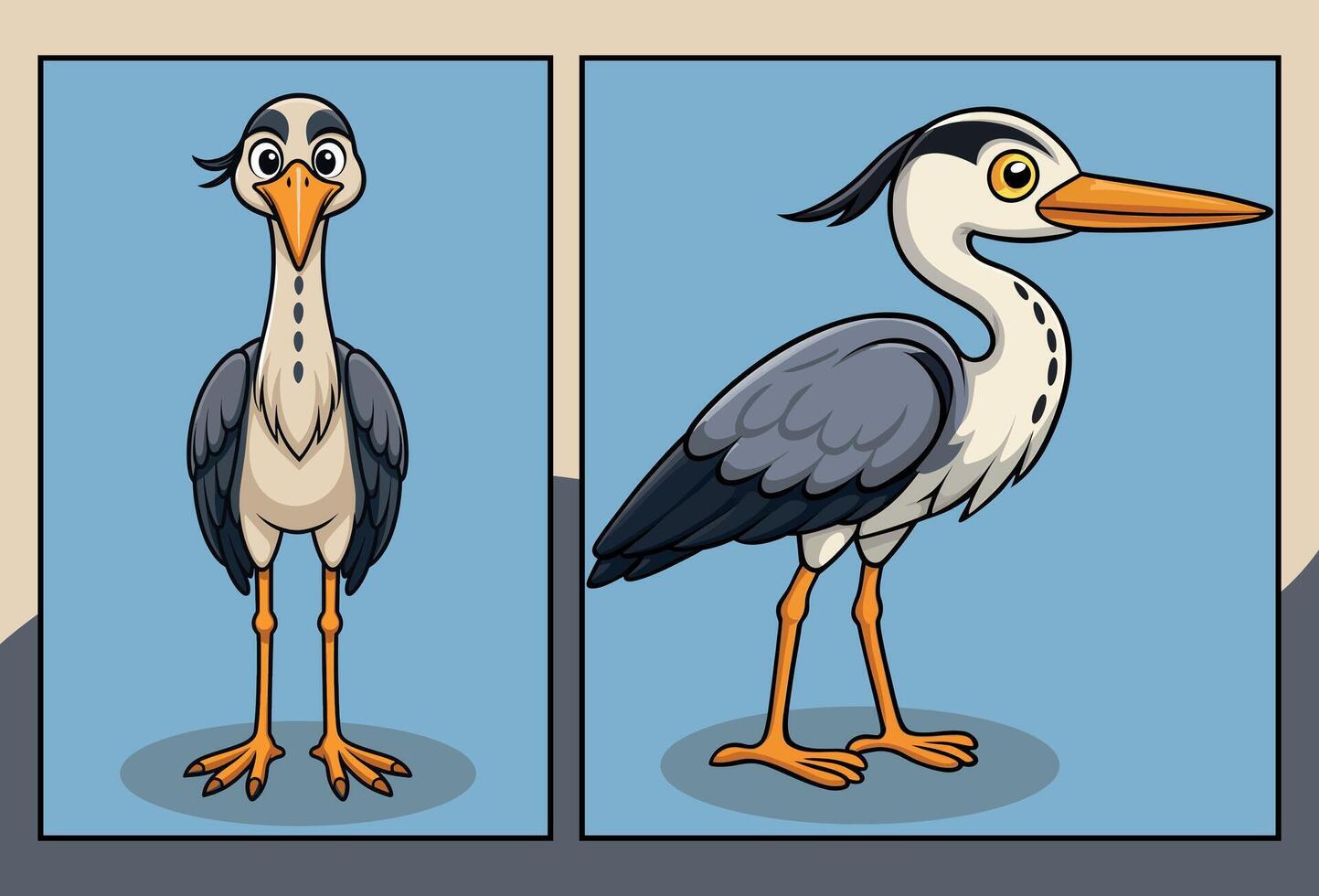 Heron front and side view cartoon illustration vector