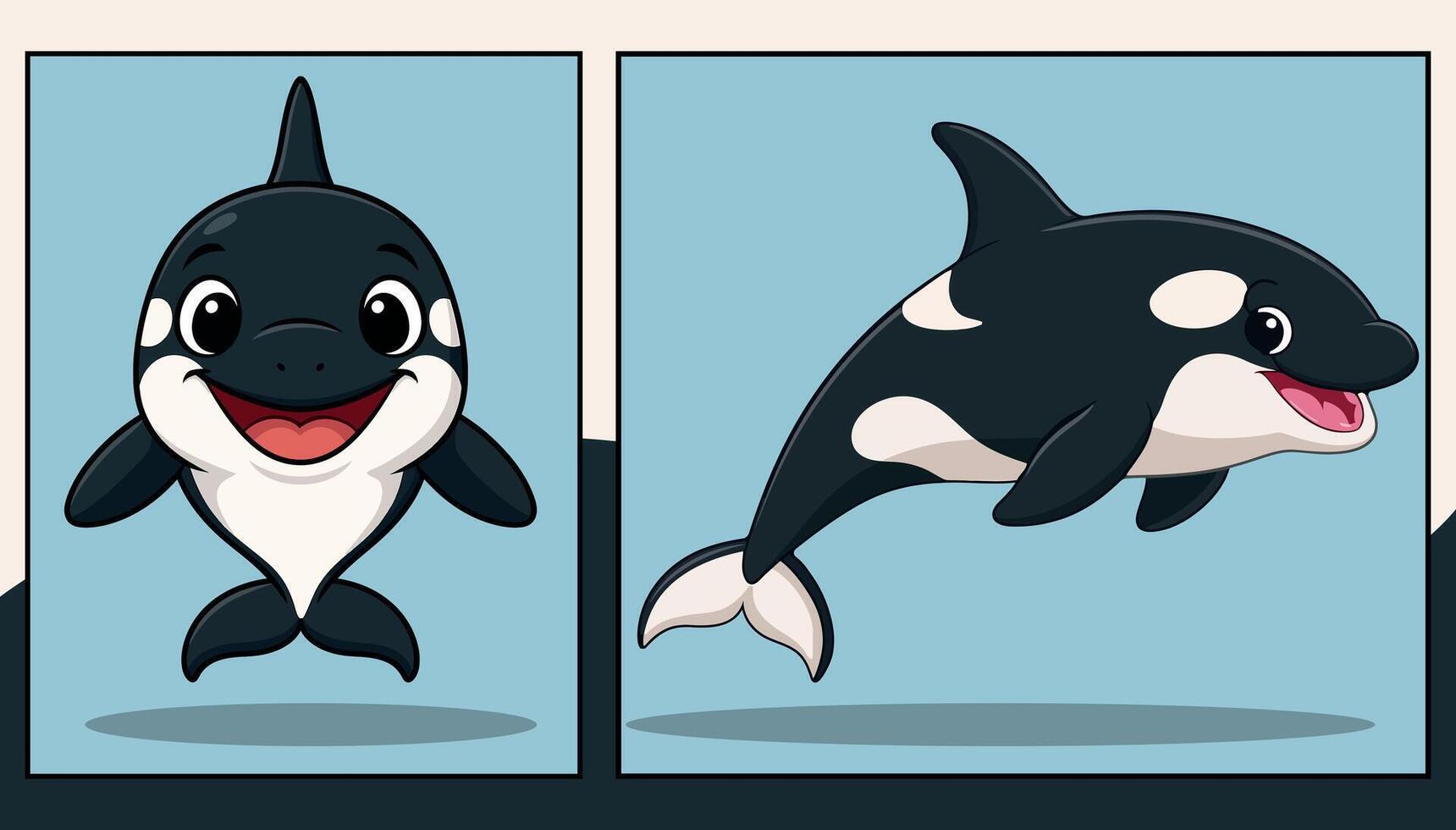 Killer whale front and side view cartoon illustration vector