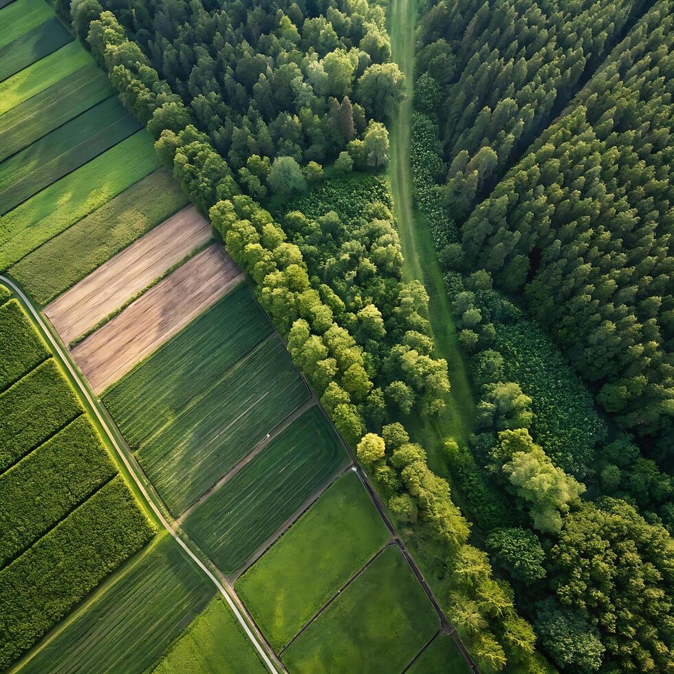 Aerial view of green fields and forest photo