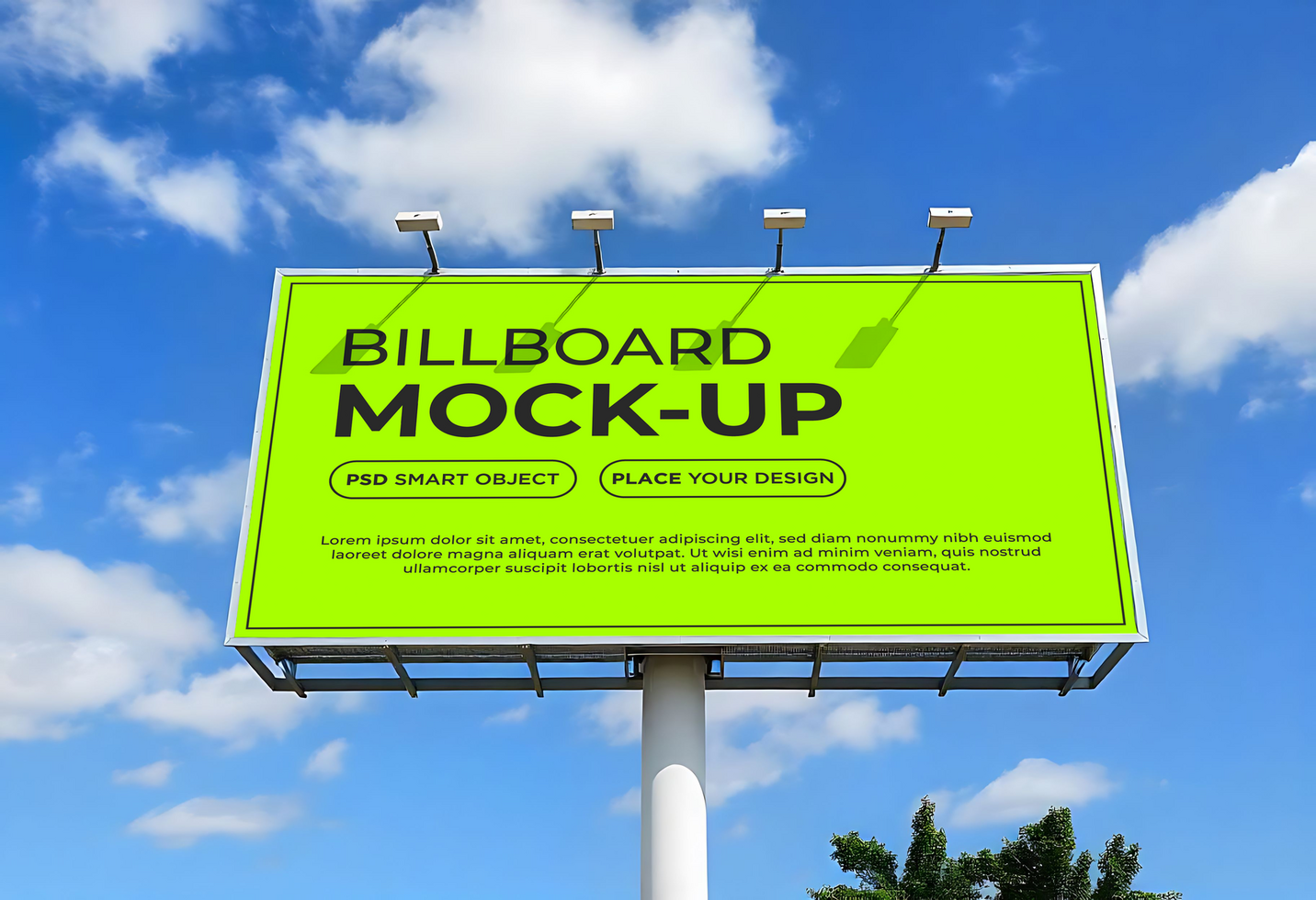 Billboard infront of trees mockup design in city psd