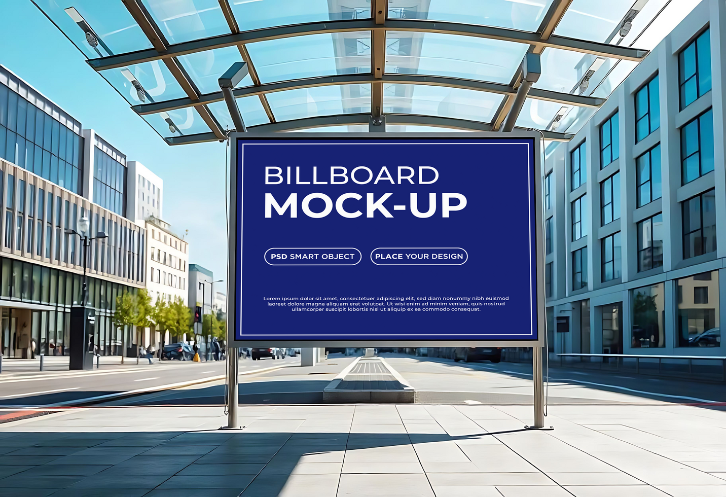 New Billboard on bus stop mockup design in city psd