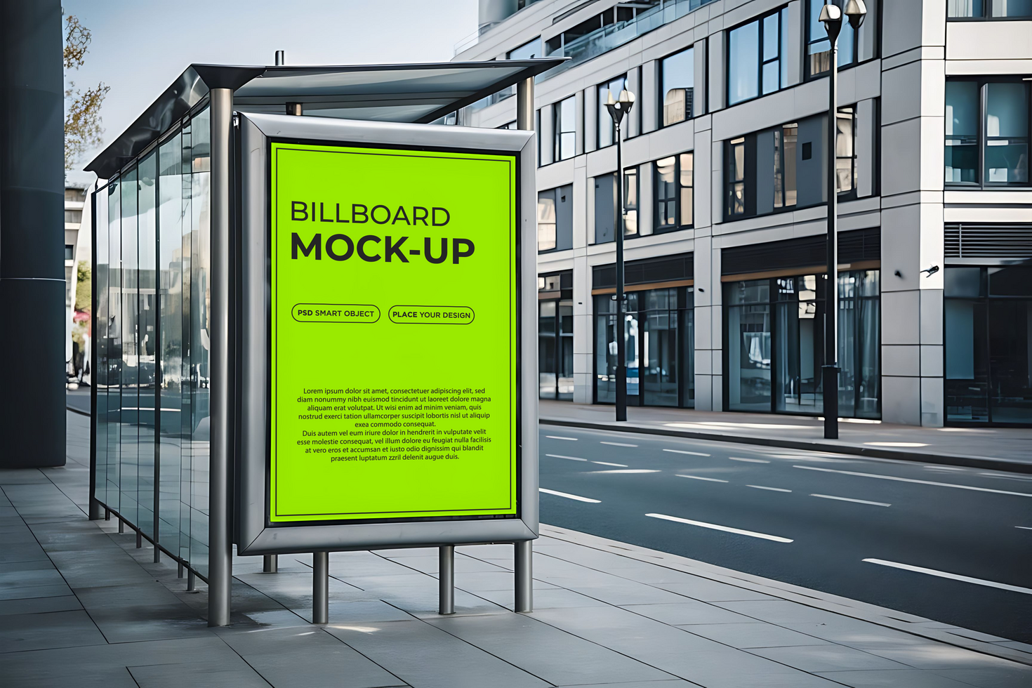 Vertical Billboard on bus stop mockup in city psd