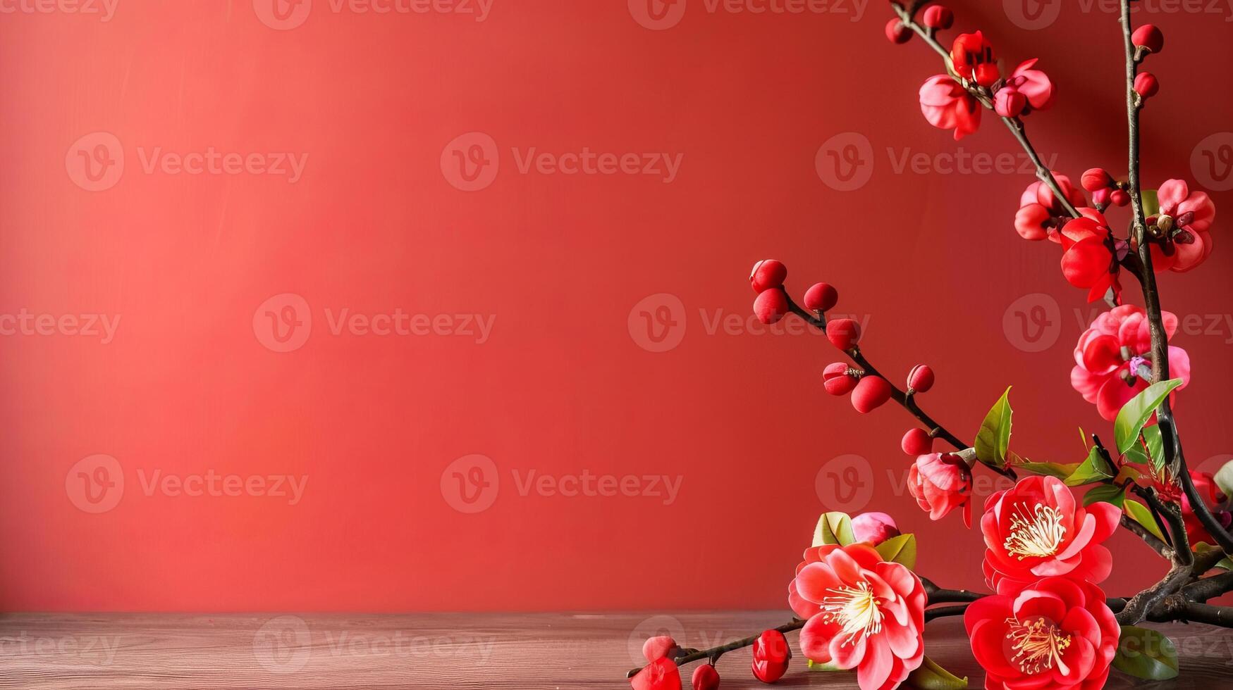Elegant red cherry blossom branch on minimalistic background photo
