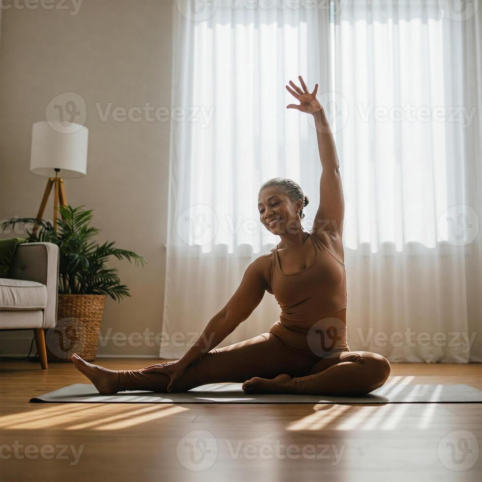 Senior black woman practicing yoga at home in living modern room. She sits on mat doing side stretch, smiling and enjoying healthy lifestyle. Peaceful morning wellness routine with natural light photo