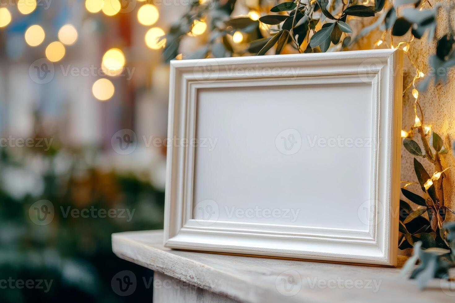 A blank decorative frame on a surface surrounded by soft glowing lights and greenery. photo