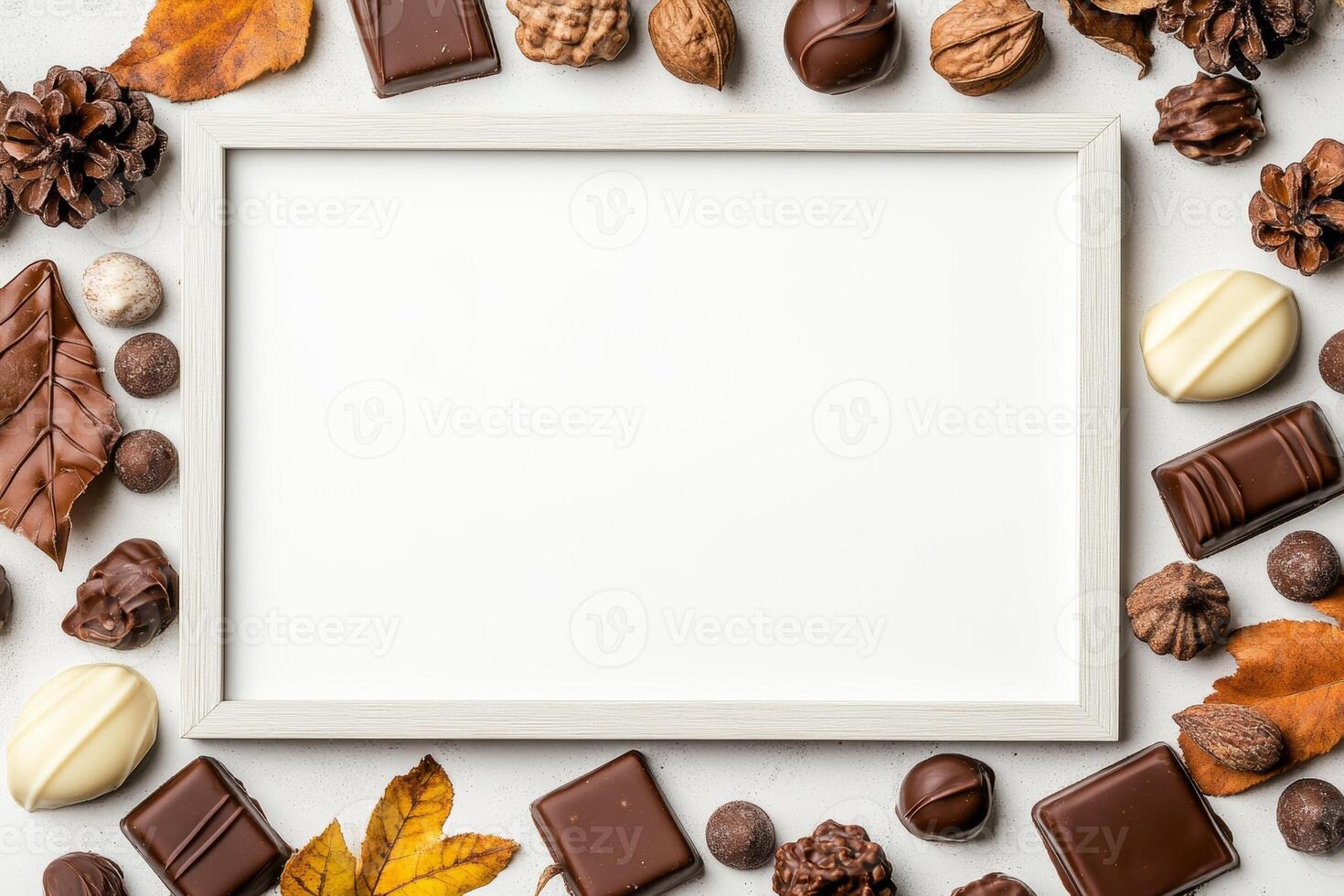 A blank frame surrounded by assorted chocolates and autumn leaves for a cozy display. photo