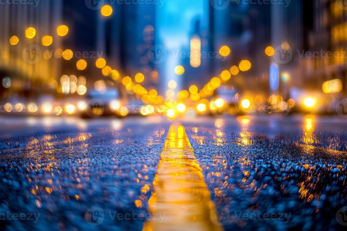 A blurred city street at dusk, illuminated by warm lights and wet pavement reflections. photo