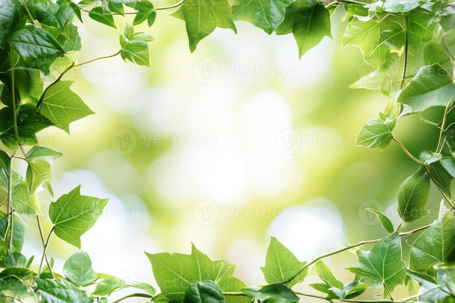 A blurred background framed by vibrant green leaves, creating a natural, serene atmosphere. photo