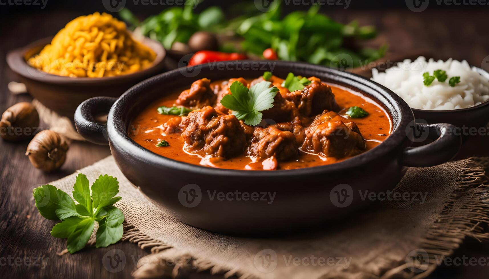 Mutton stew in bright red curry, garnished with parsley leaves photo