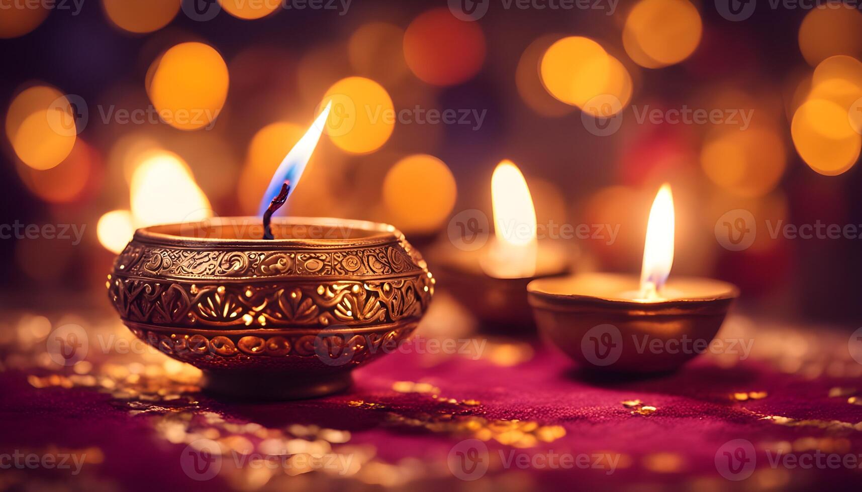 A close-up of a glowing Diya with blurred festive bokeh lights in the background photo