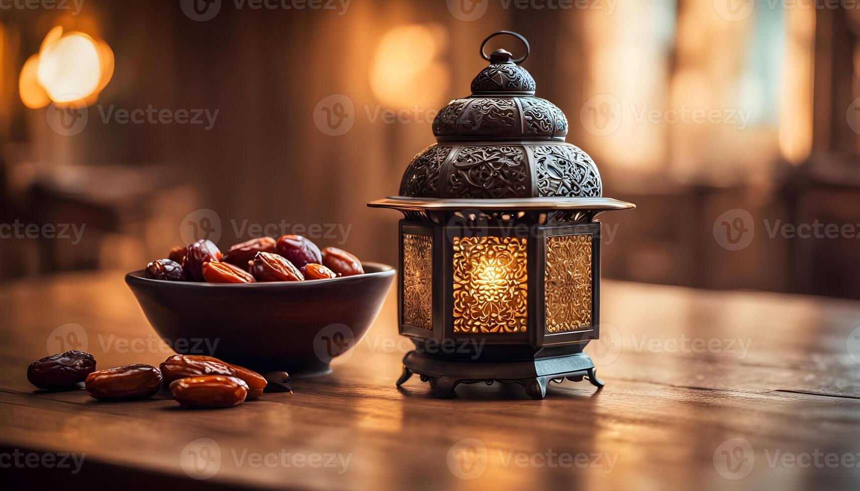 A beautifully lit Ramadan lantern with golden patterns, next to a bowl of dates on an ornate wooden table photo
