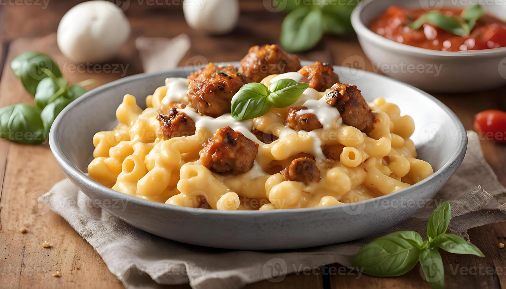 Mac and cheese with meatballs, mozzarella, tomato sauce and basil on grey plate horizontal photo