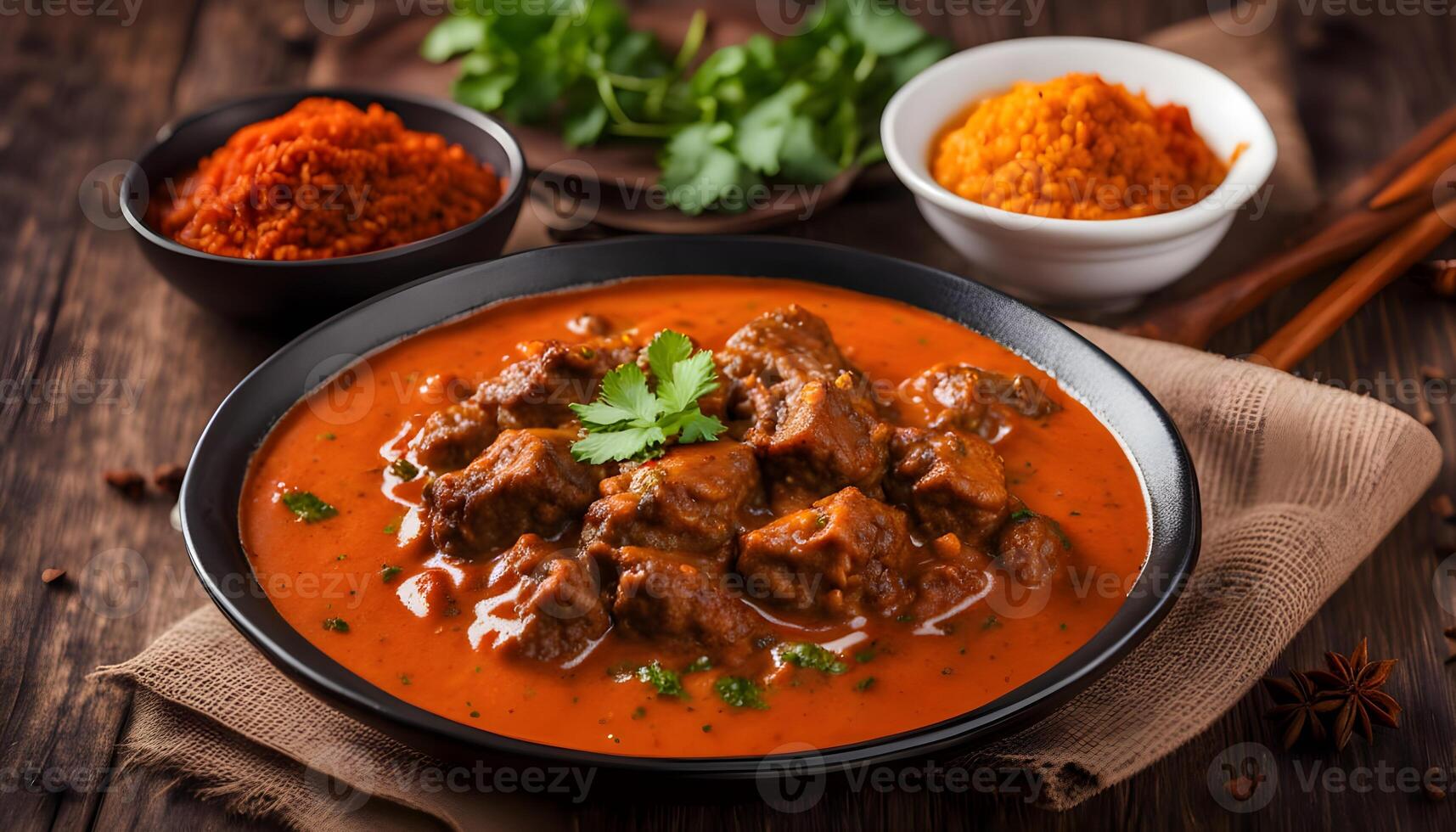 Braised mutton in spicy tomato gravy, served in a bowl photo