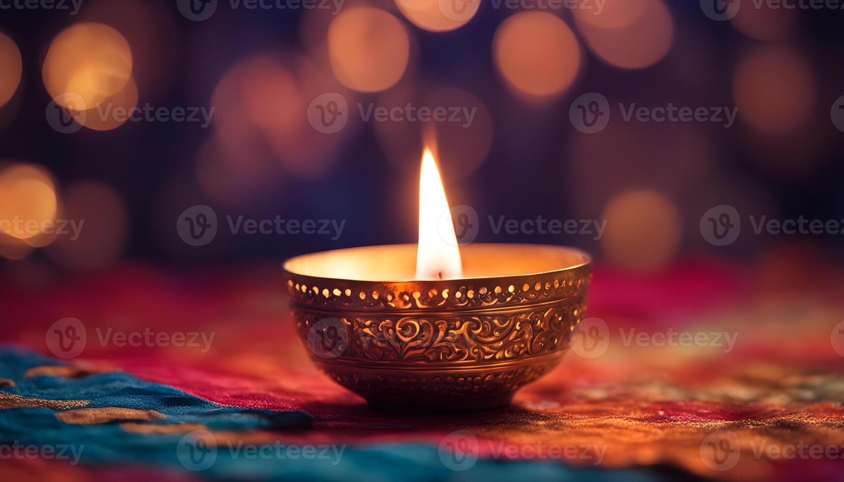 Golden flames of an Indian Diya flickering against a mesmerizing bokeh backdrop photo