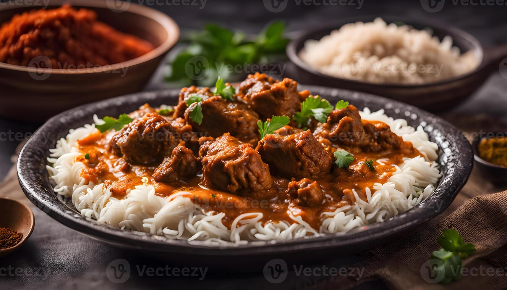 Slow-cooked mutton curry in thick red sauce with parsley photo