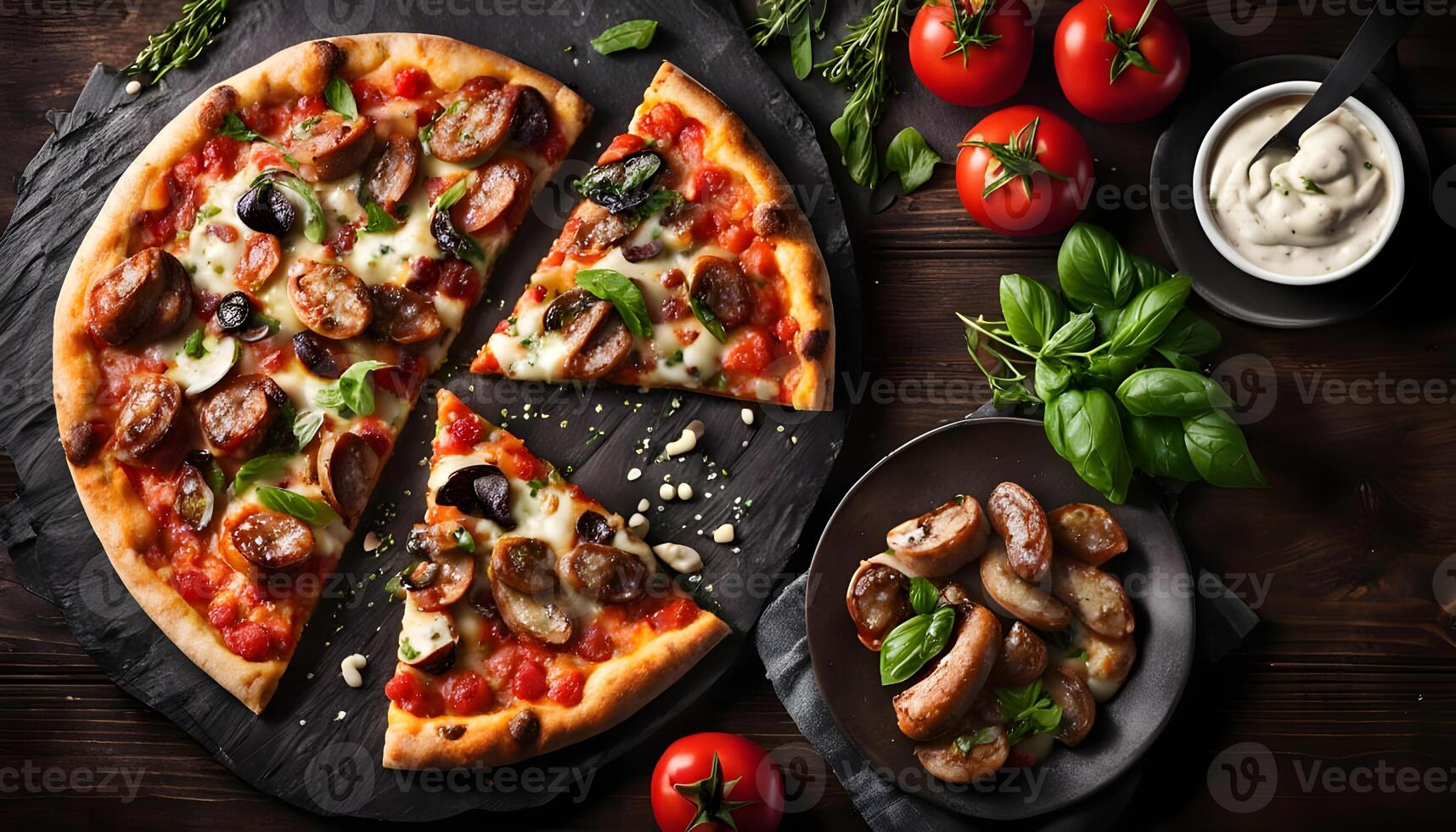 delicious chicken pizza with sausages and mushroom. dark wooden table background top view low key photo
