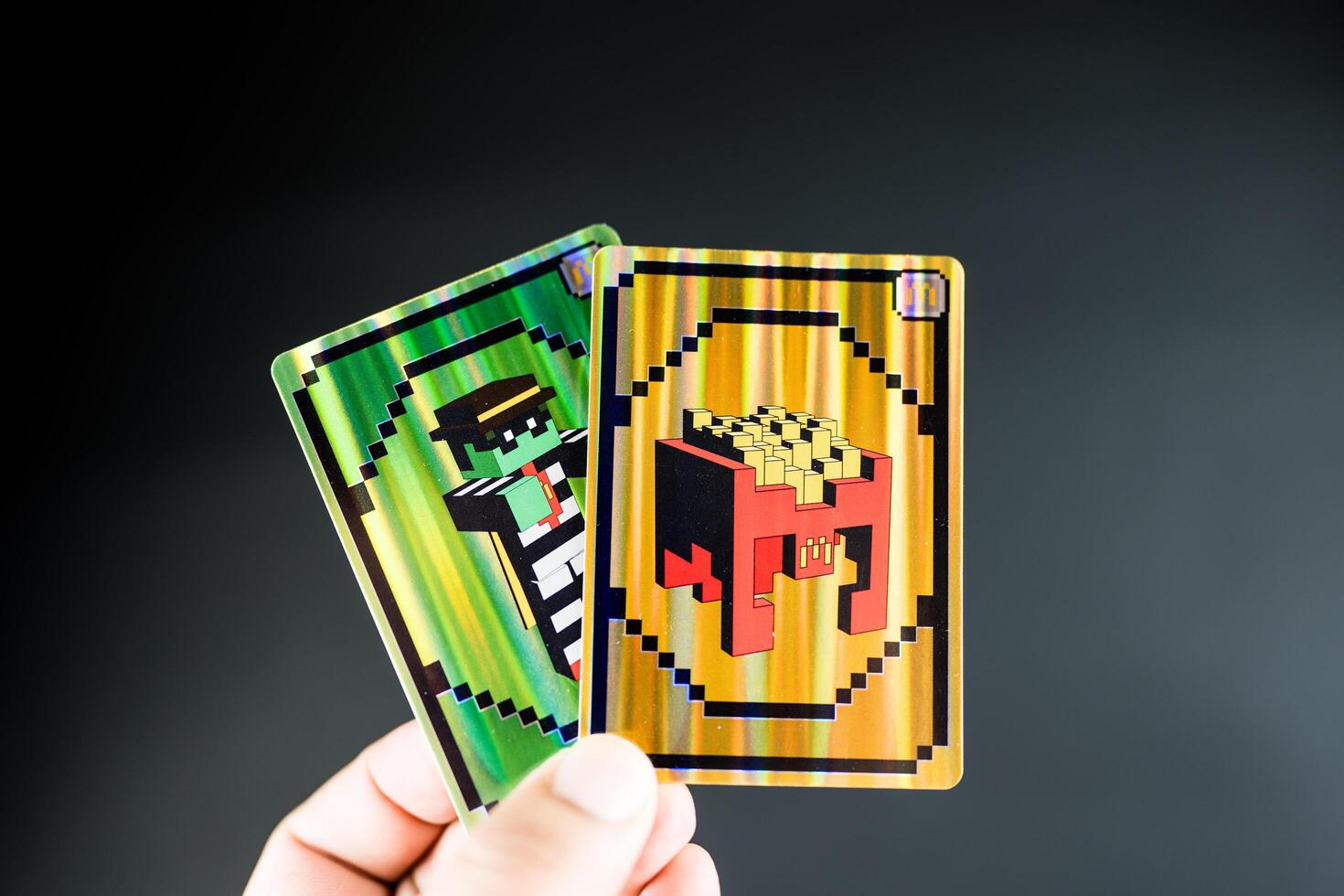 Bangkok, Thailand - April 6, 2025 Card of Zombie hamburglar and Minecraft fries helmet, Minecraft blind box from McDonald's collaborates photo