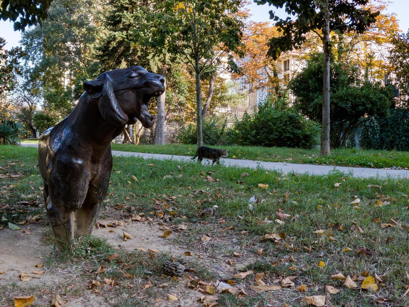 A roaring bronze panther statue stands in a park, while a stray cat walks nearby, creating a contrast between art and nature in an autumn urban setting. photo