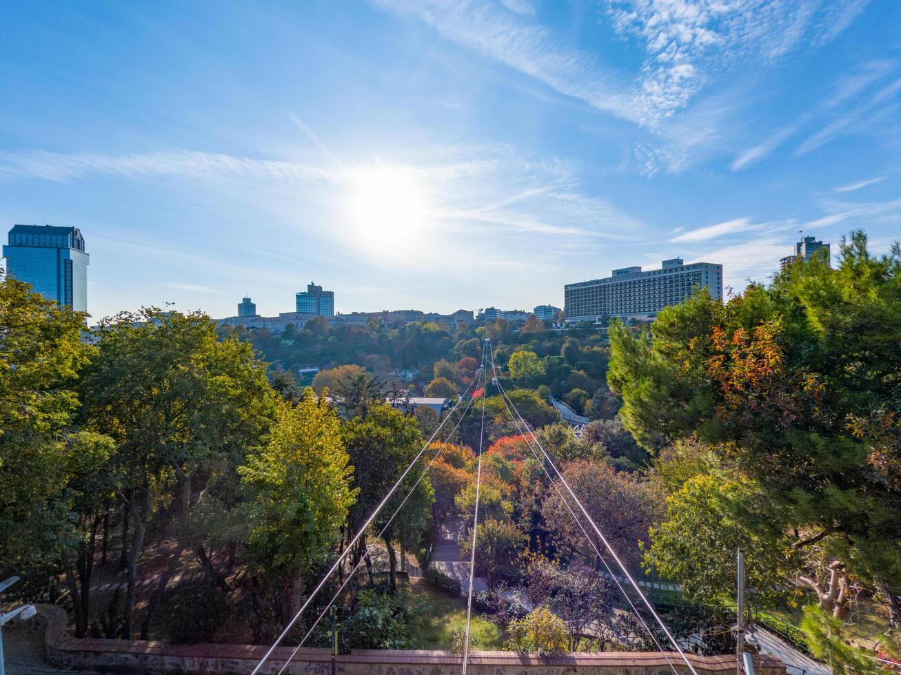 A stunning view of a cable car system stretching over a lush green park, with a modern city skyline in the background. The sun shines brightly in the clear blue sky. photo