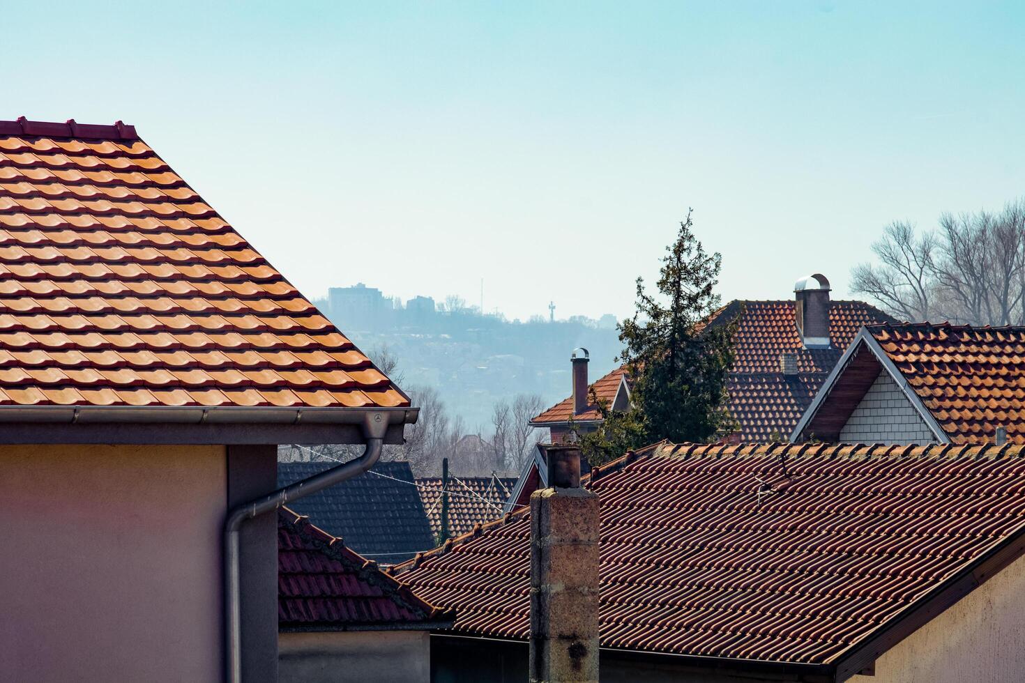 A scenic view of terracotta rooftops with a hazy city skyline in the background, exuding warmth. photo